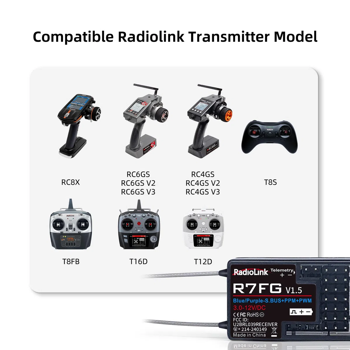 Radiolink 2.4Ghz R7FG Ricevitore giroscopico a 7 canali con telemetria di tensione Controllo a lungo raggio, RC Crawler di controllo radio per barche per auto RC6GS V3/RC4GS V3/T8FB/T8S/RC8X/T16D/T12D