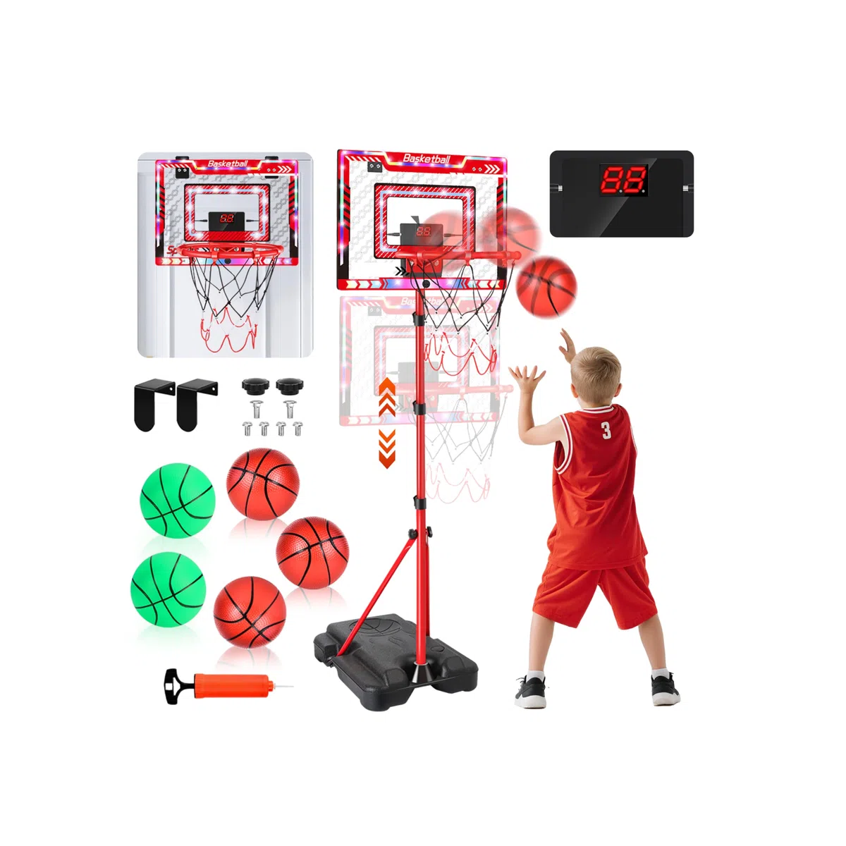Charmofun Canestro da Basket LED per Bambini, Altezza Regolabile 105-183 cm, 2 in 1 Basket Interno Esterno Con 5 Palline, Musik, Elettronico Punteggio Record, Portatile con Base Zavorrabile