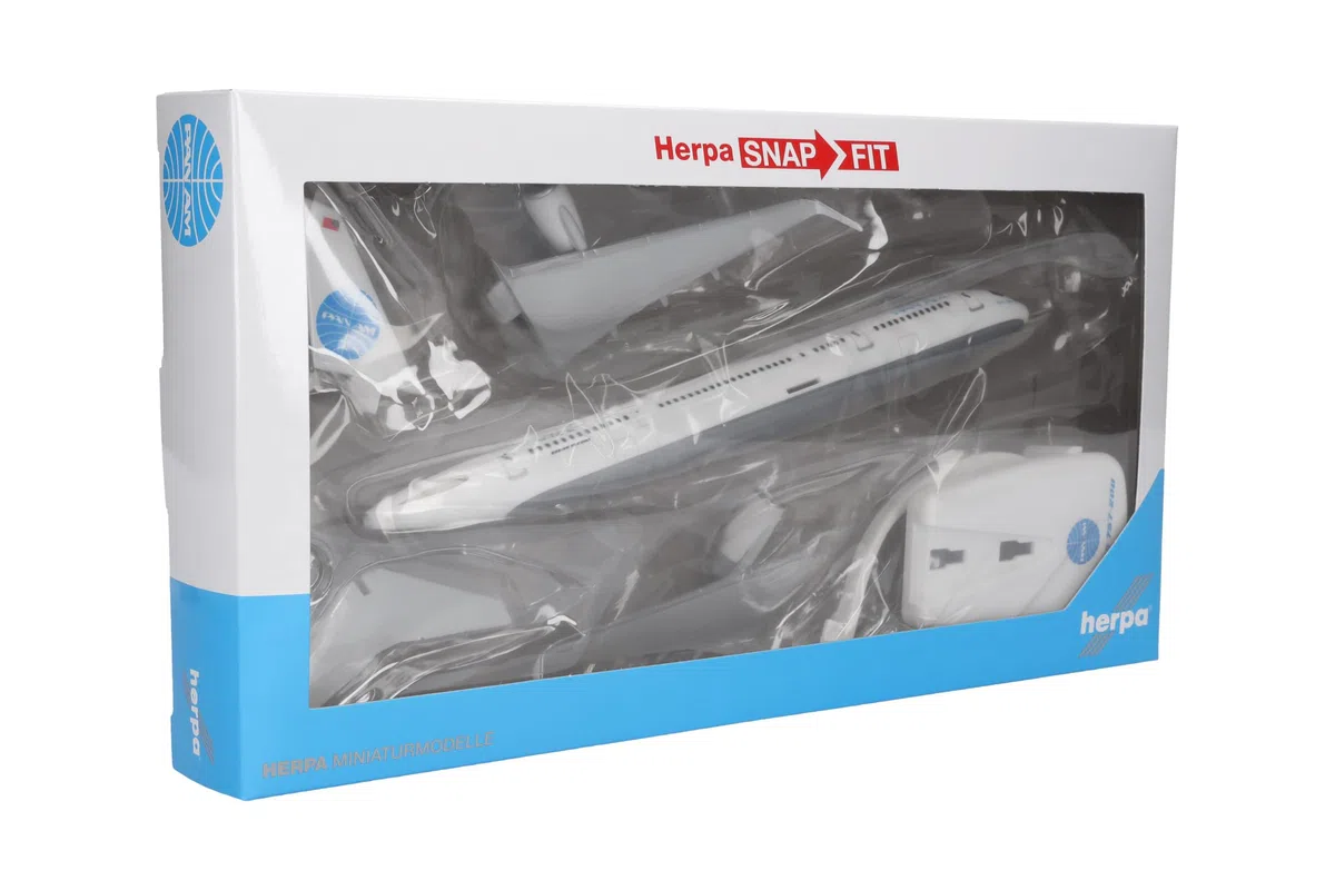 Herpa modello di aereo Pan Am Boeing 757-200 "Tracing the Transatlantic", in scala 1:200 - Snap-Fit, pezzo da collezione, miniatura deco, statuetta con supporto in plastica