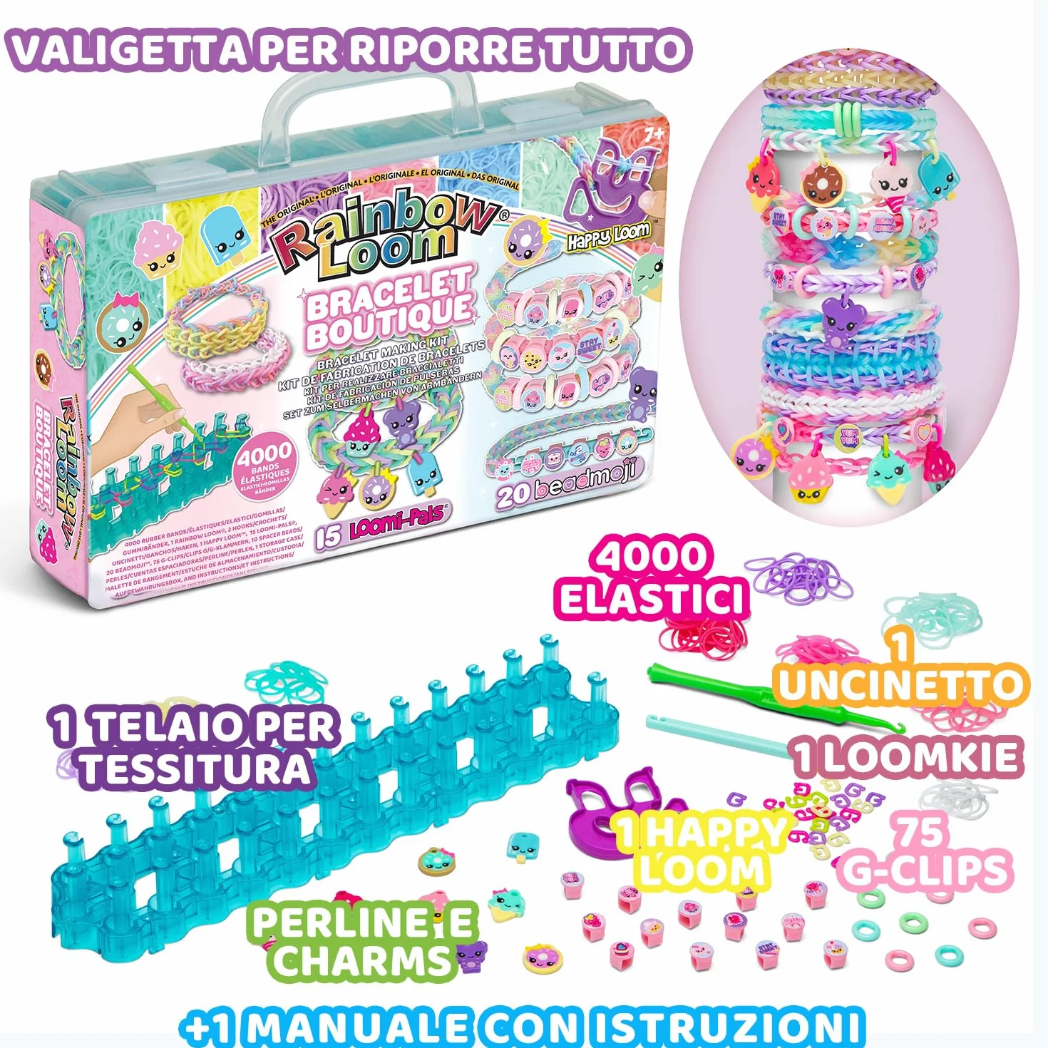 Bandai - Rainbow Loom Boutique – Set Automatico per Creare Braccialetti con Elastici - Hobby Creativo - Contiene 4000 Elastici, Ganci, Beadmoji, Charm - Giocattolo per Bambini dai 7 anni in su -CD0186