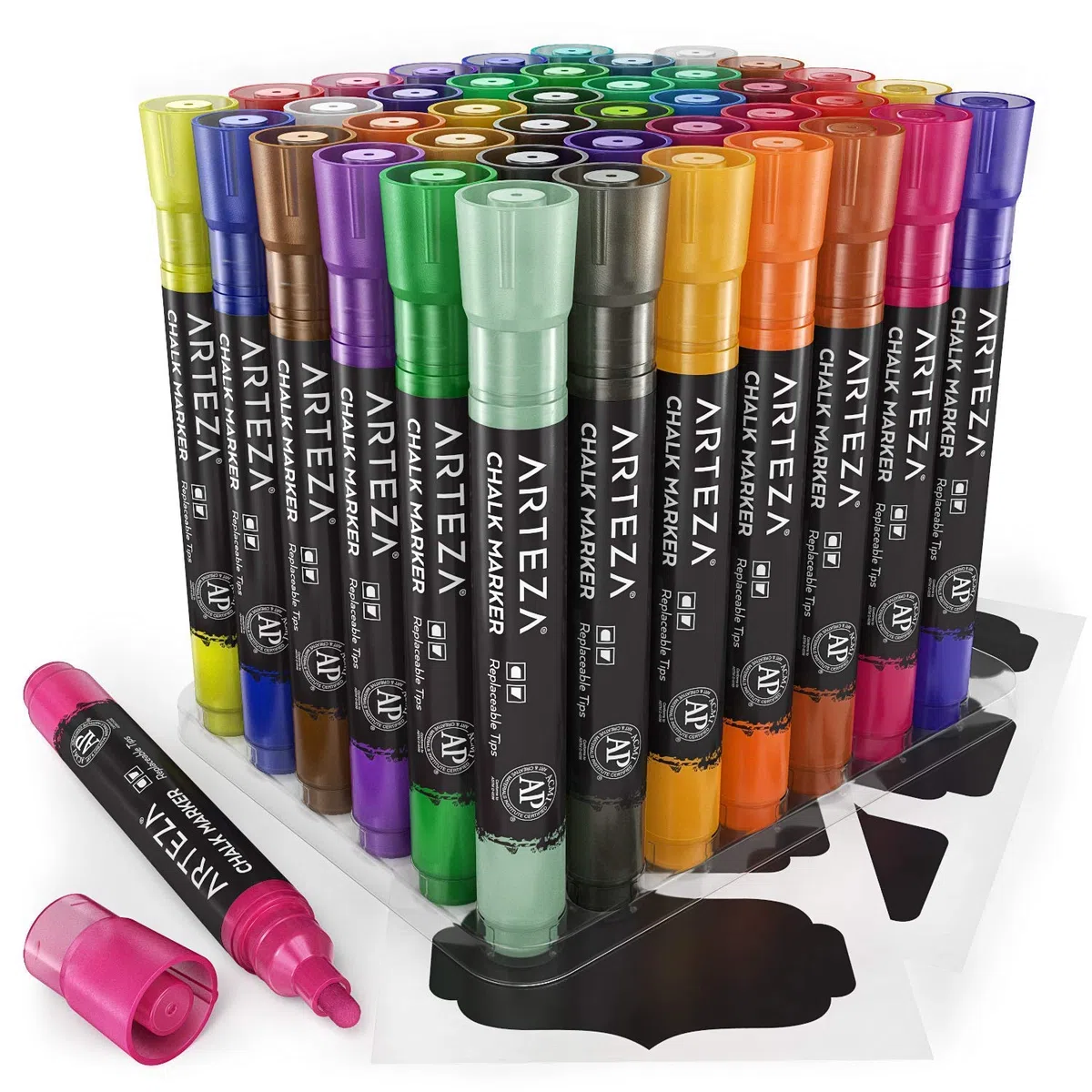 ARTEZA Pennarelli a Gesso Liquido Cancellabili, Confezione da 42 Colori a Base d'Acqua con 50 Etichette per Lavagna Gratuite e Punte Sostituibili per Bambini, Adulti, Bistrot e Ristoranti