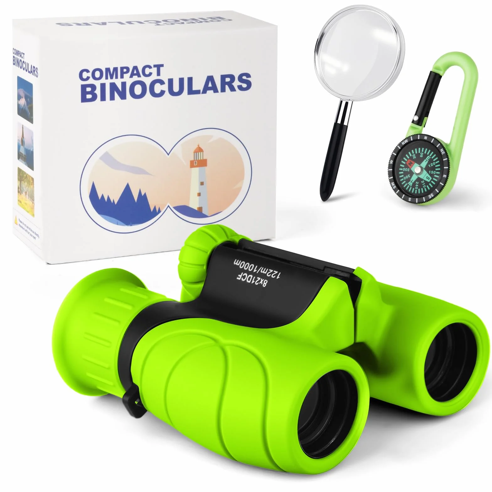 Binocolo per Bambini, Portatile Binocolo Set con Lente di ingrandimento e Bussola Kit Regalo Giocattoli per 3-6 Bambino e Bambina Perfetto per Campeggio e Esplorazione di Birdwatching (Verde)