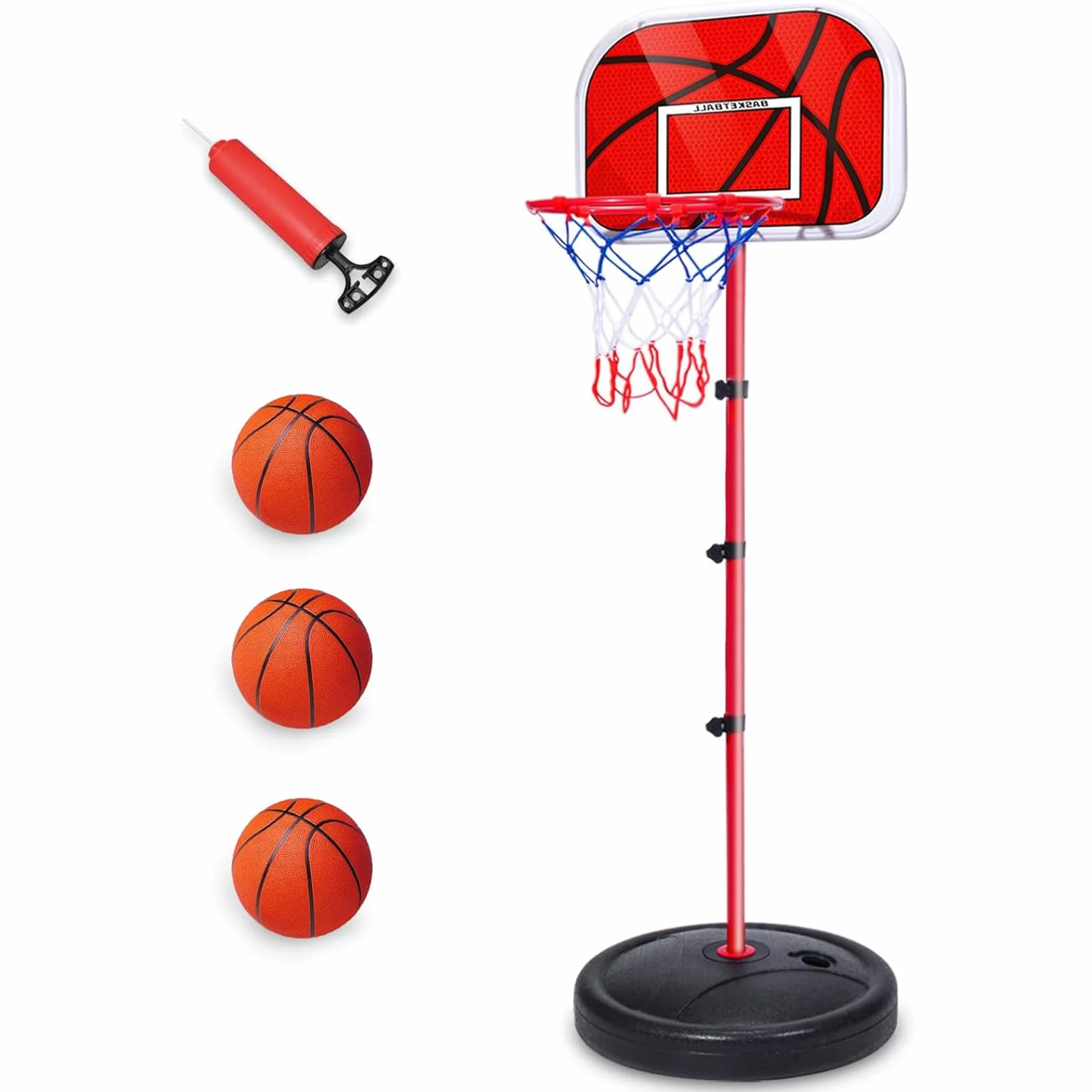 Canestro Basket Bambini, Canestro Basket Esterno con 3 Palloni, 1 Pompa, Regolabile Altezza 50-150cm, per 3 agli 8 Anni Bambini, Indoor e Outdoor
