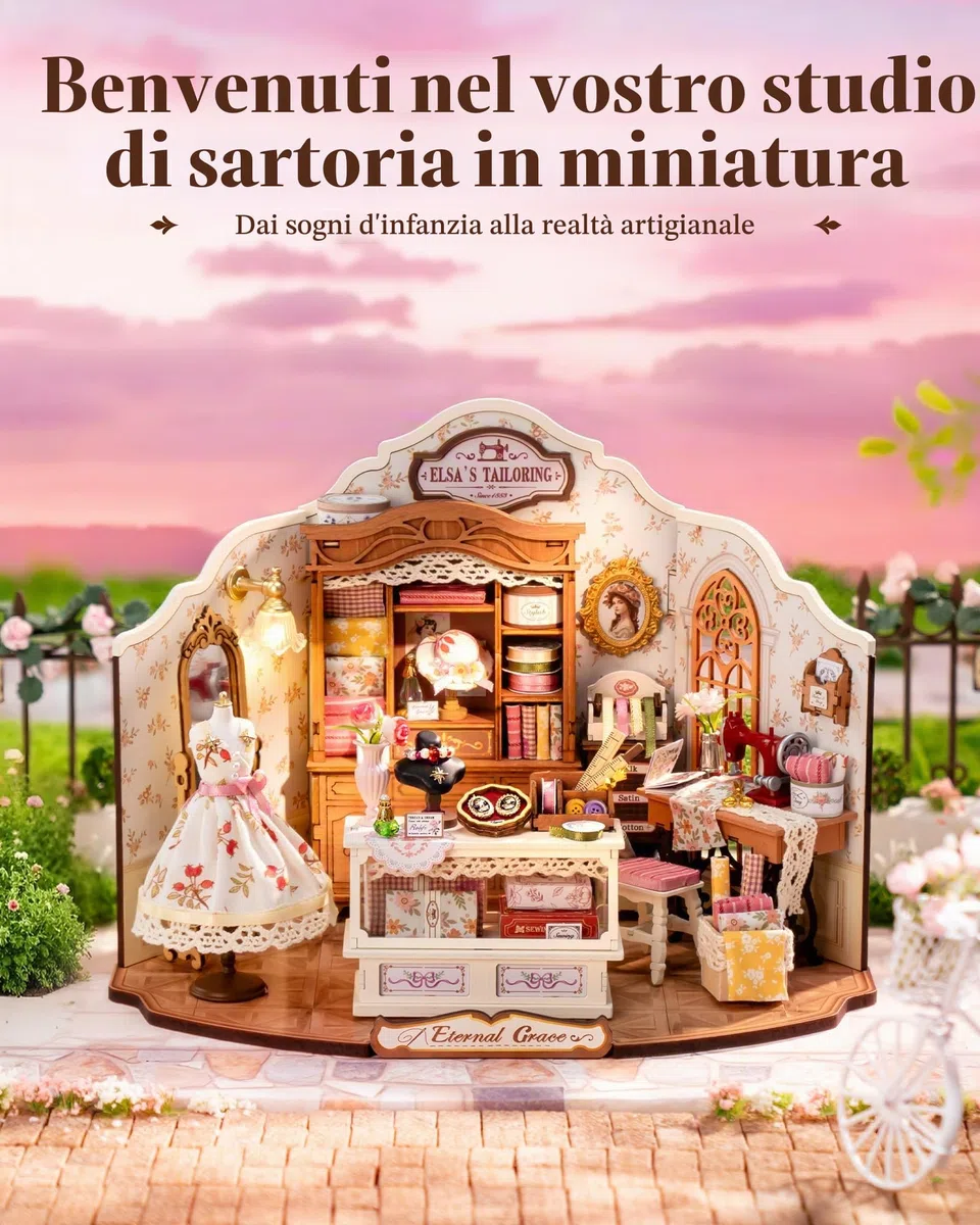 ROBOTIME Kit Casa delle Bambole in Miniatura Elsa's Tailoring, Kit di Costruzione in Legno con Luci LED, Miniature da Costruire per Adulti, Decorazione per la Casa, Regalo per Donne e Ragazze