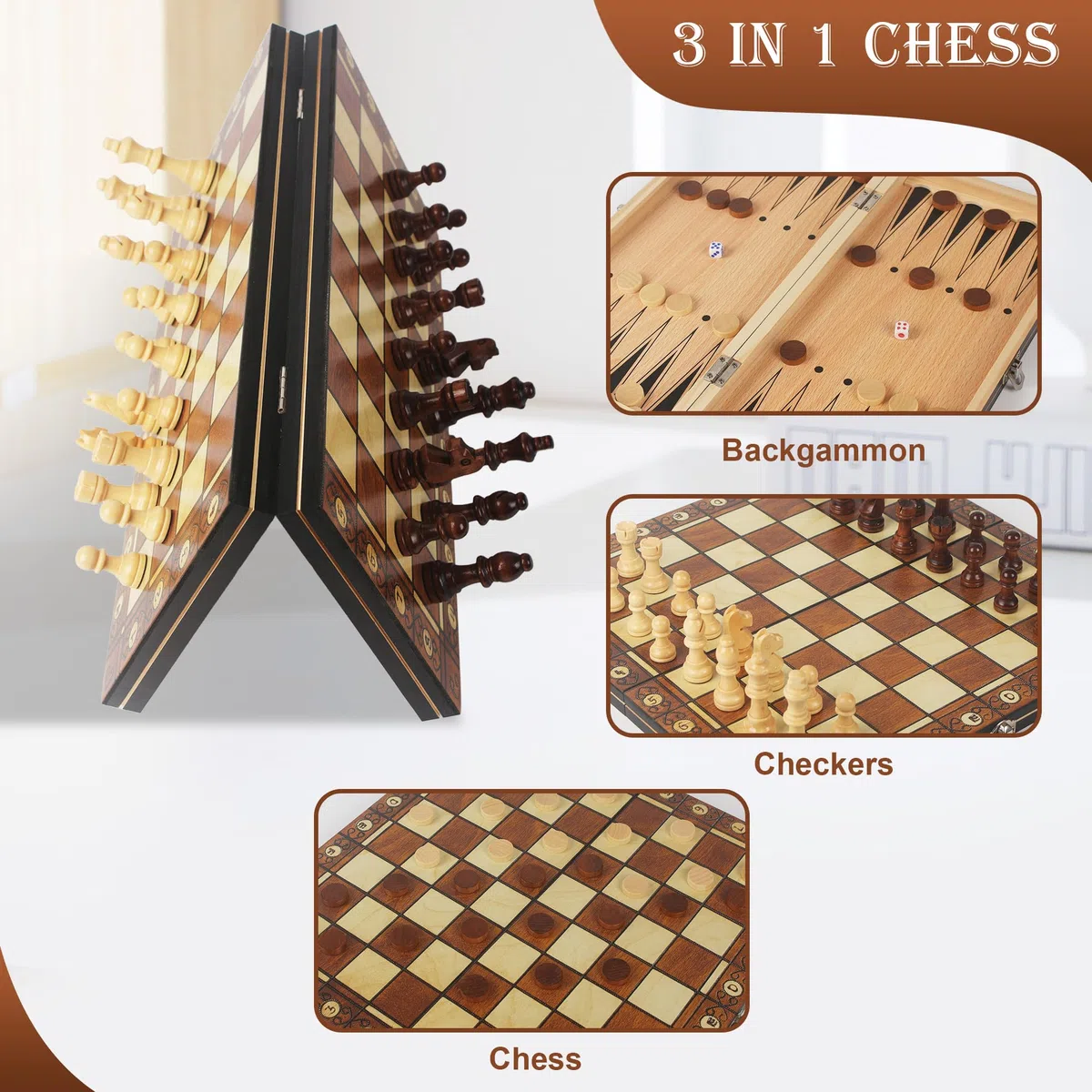 Scacchiera in Legno, 3 in 1, 34x34cm Scacchiera Magnetica Portatile, Gioco da Tavola per Bambini e Adulti
