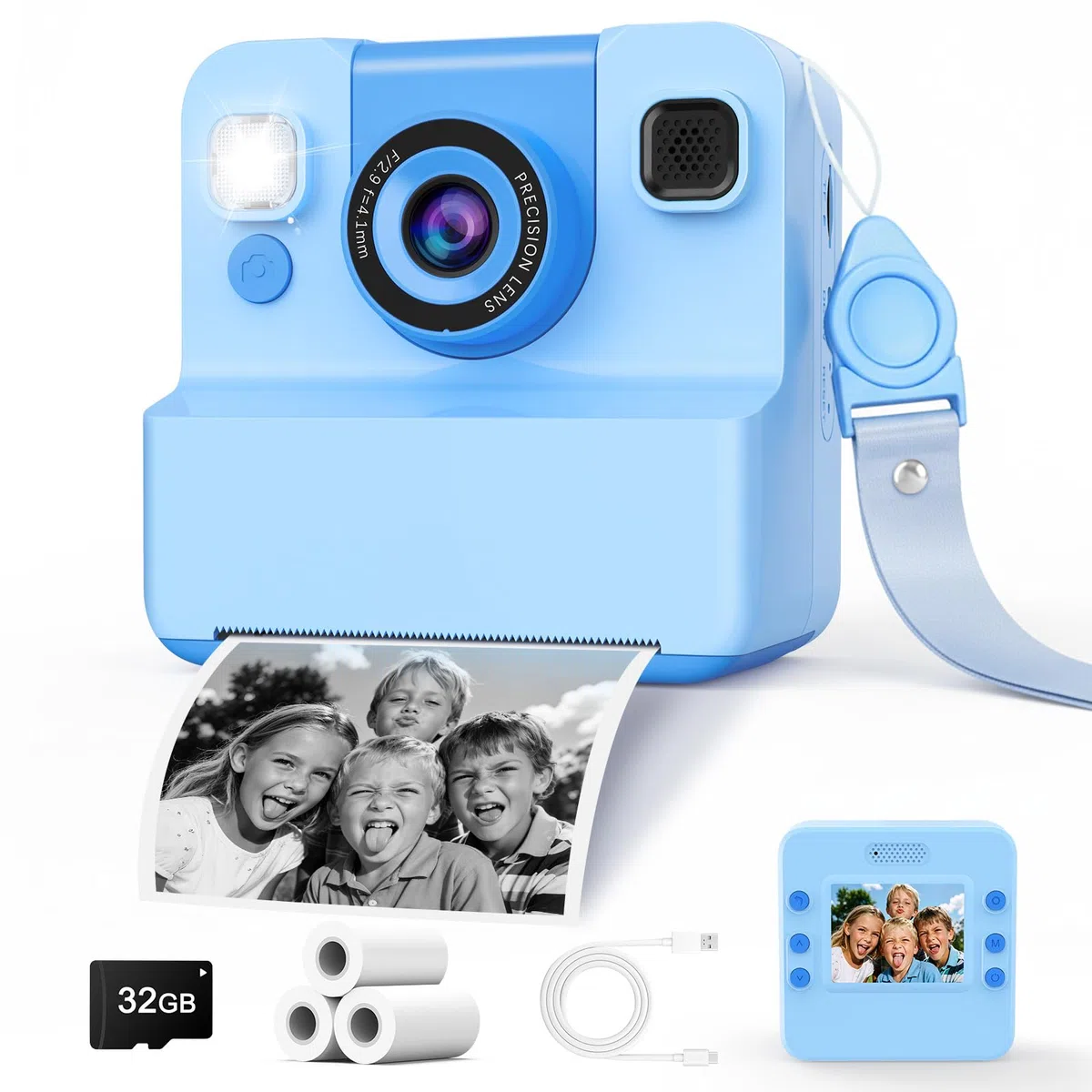 Macchina Fotografica Bambini，2.4" HD 1080P Macchina Fotografica Bambini Istantanea Regalo Bambino 3-10 Anni Maschio Fotocamera Istantanea 32GB Scheda & Papier Photo Regalo Natale (Blu)