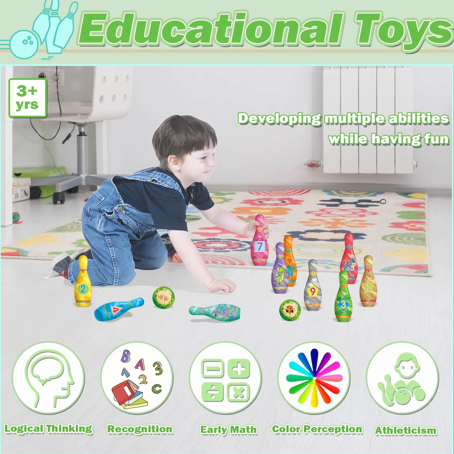 STAY GENT Dinosauro Birilli Bowling Bambini con 10 Birilli e 2 Palle, Morbido Set da Birilli per Bambini Giochi da Esterno Interno, Regali Educativi per Bambino 2 3 4 5 Anni Compleanni di Natale
