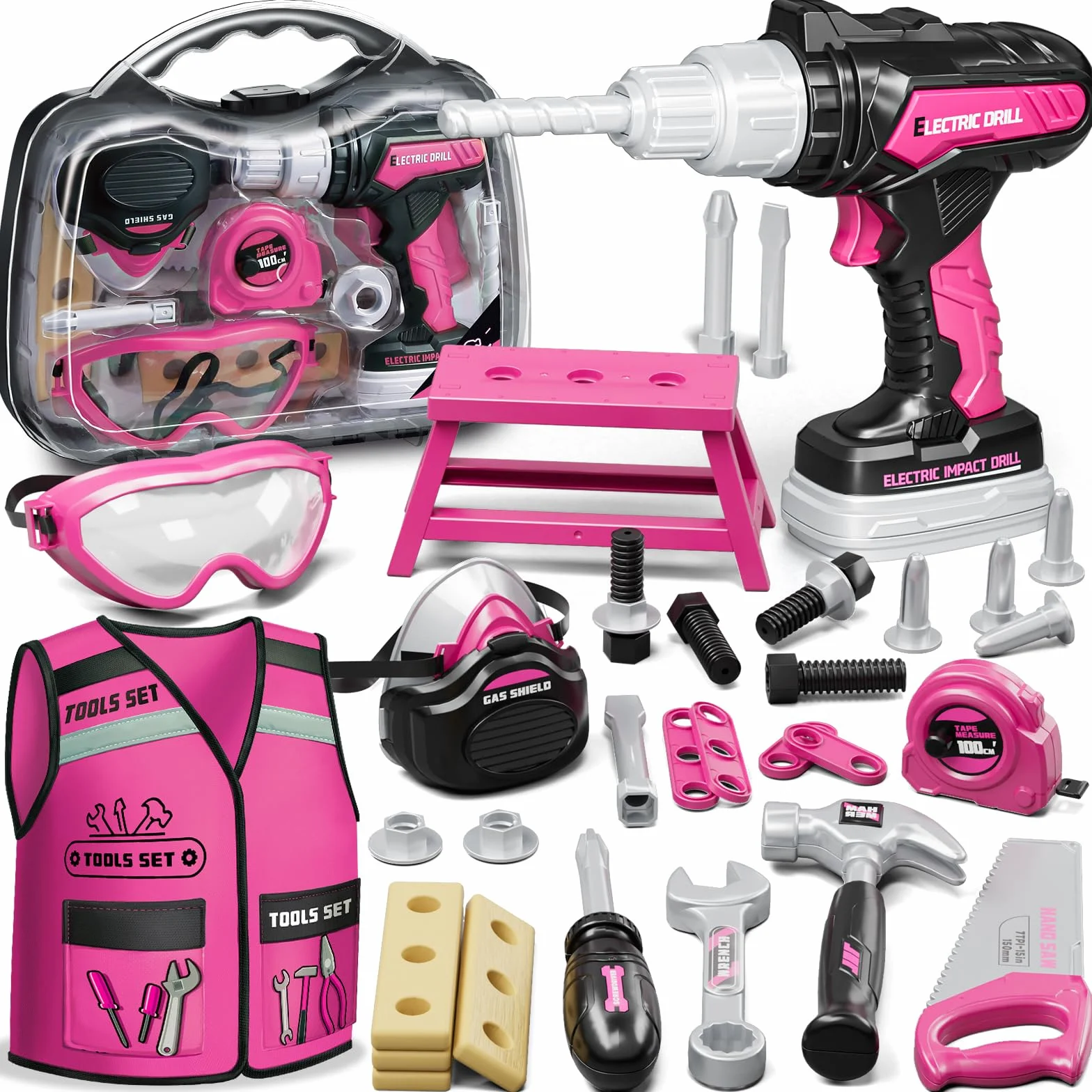 KidBloom Giochi Bambina 3 Anni Cassetta Attrezzi Bambini, Attrezzi Giocattolo Bambini con Trapano Giocattolo e Gilet da Lavoro, Regalo Bambina 3 4 5 Anni