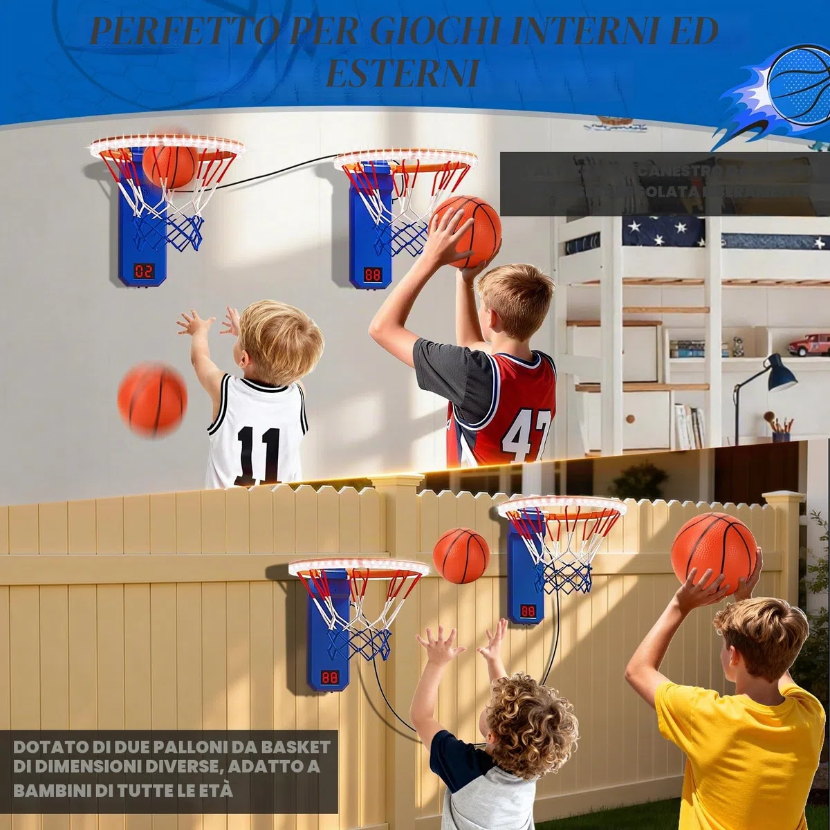 TERRAMUS Mini Canestro da Basket, Set da 2 Canestri da Basket con Pannello di Visualizzazione Elettronico, Canestro da Basket Regolabile in Altezza per Bambini, 4 Palle, 1 Pompa ad Aria, Regalo per