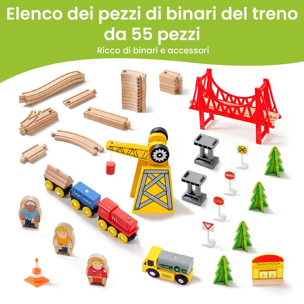 Tiny Land Set di 55 pezzi per gru e treni esclusivi, compatible con tutte le principali marche di treni in legno