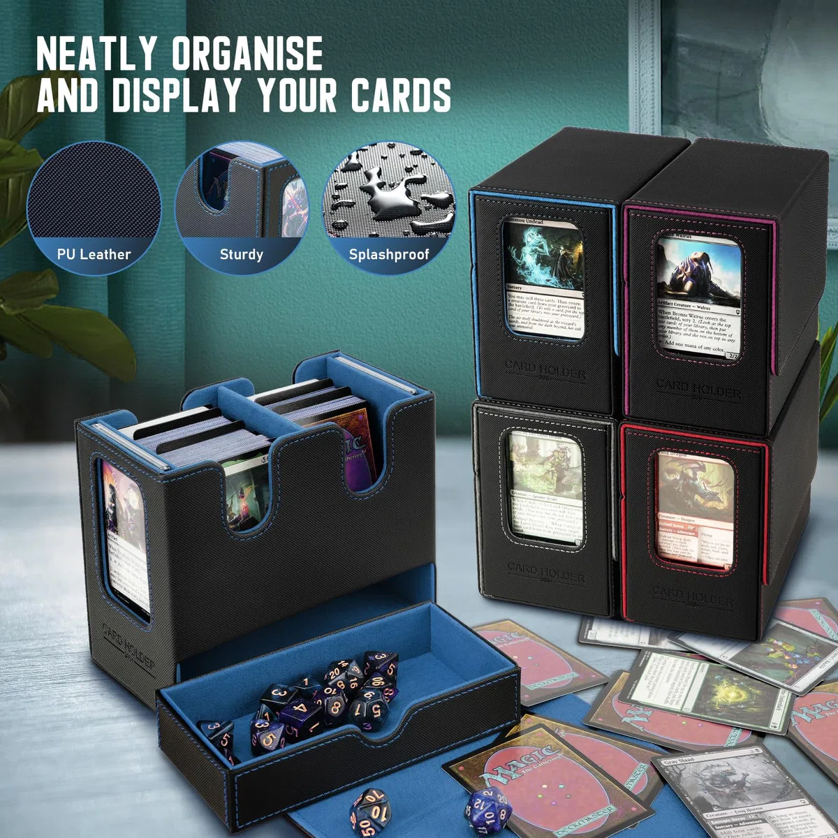 TiMOVO MTG Scatola del Mazzo di Carte Commander con Comandante del Display e Vassoio per Dadi Adatto a 400+ carte non sfoderate, Custodia magnetica in pelle per carte per TCG CCG Magic Cards,Nero+Blu