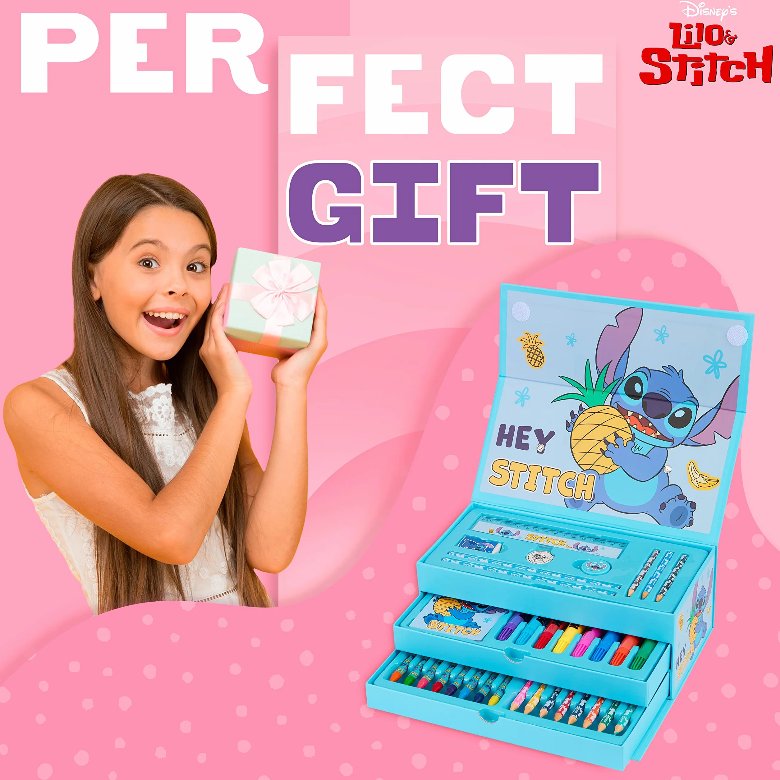 Disney Stitch Valigetta Colori per Bambini con Matite Colorate, Pastelli & Arte Accessori (Blu Stitch)