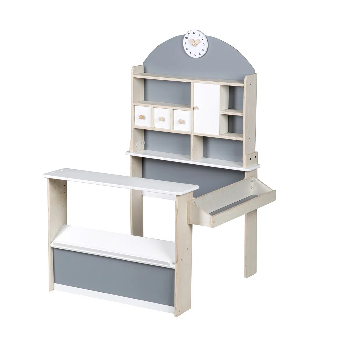 roba Negozio Giocattolo per Bambini in Legno - con Mensole e 3 Cassetti - Accessori Inclusi - Stand di Vendita a 2 Piani di Lavoro e Orologio - Legno Laccato Bianco/Grigio