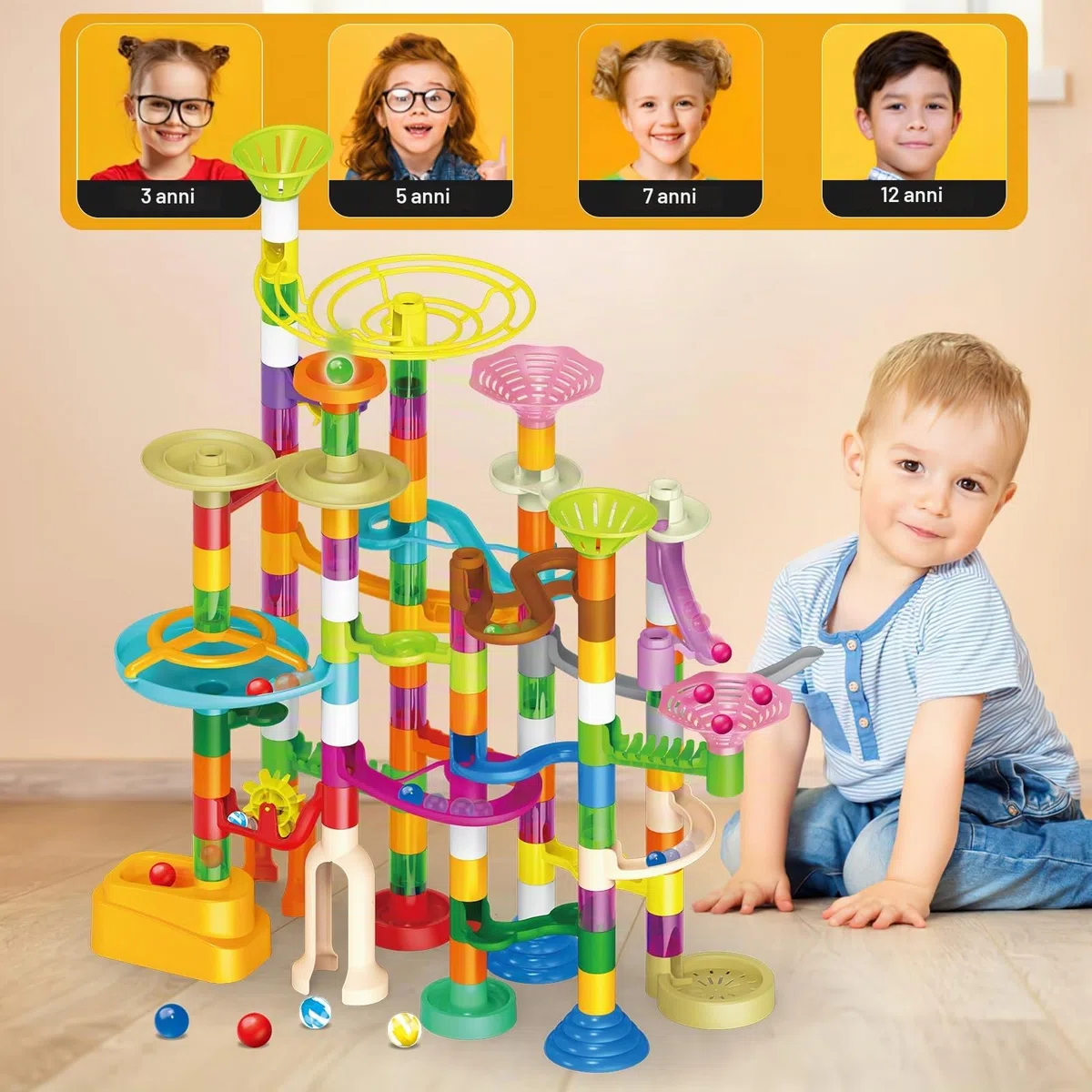 deAO Torre Marble Run Pista per Biglie per Bambini – Gioco di Costruzione STEM Educativo, Pista Creativa da Assemblare con 150 Pezzi e 60 Biglie (30 Fosforescenti), Gioco per Bambini 3+ Anni