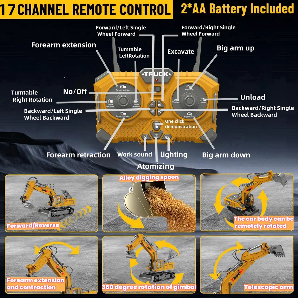 1:16 Scala 17 Canali Escavatore Telecomandato per Bambini, Escavatori Radiocomandato,Escavatore Idraulico per Ragazzi con luci,demo a un tocco, Sand Digger Regali