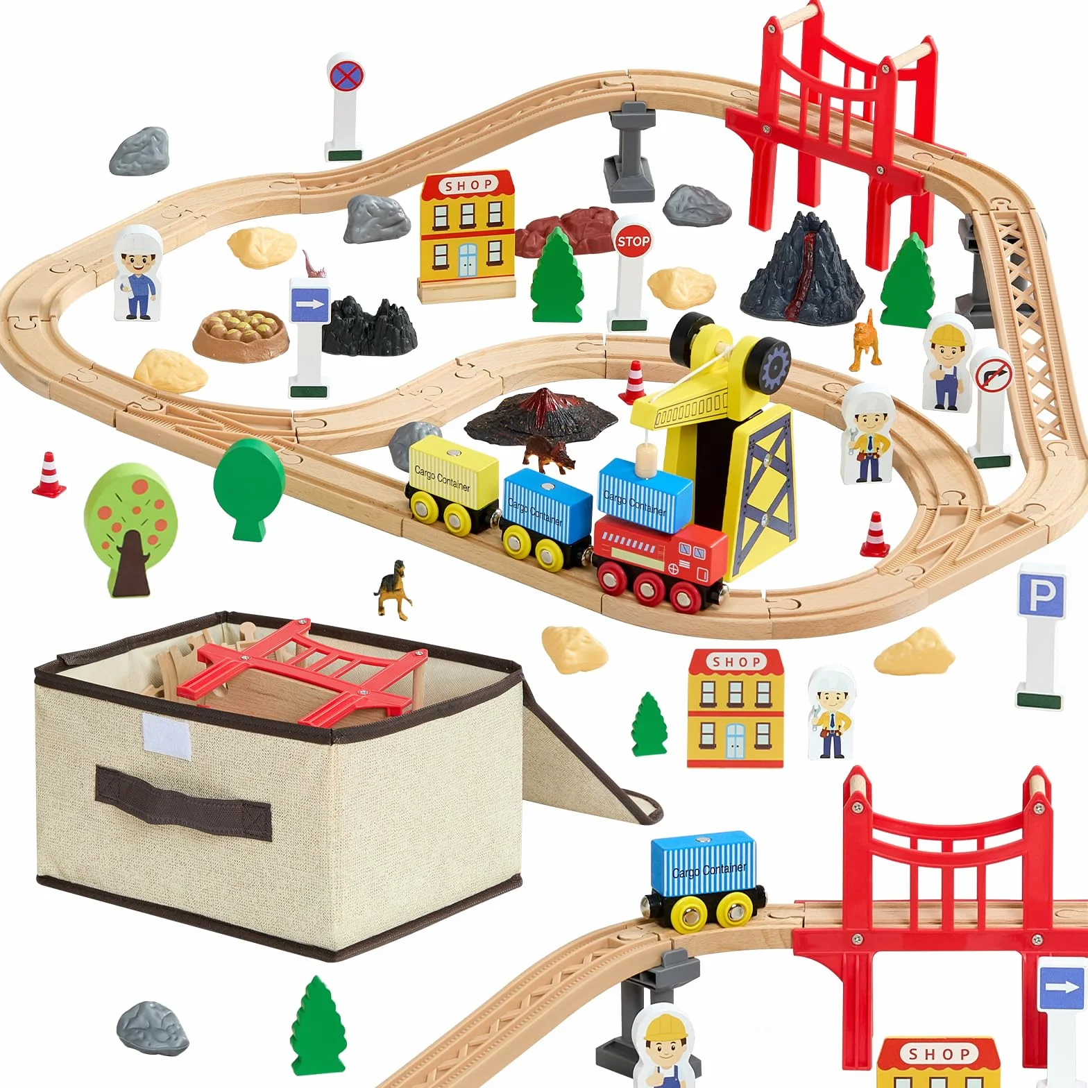 VEVOR Giocattoli Trenino per Bambini 70 Pezzi, con Gru Magnetica, Giocattolo per Treni in Legno per Bambini dai 3 agli 8 Anni, Set di Gru da Costruzione, Compatibile con le Principali Marche