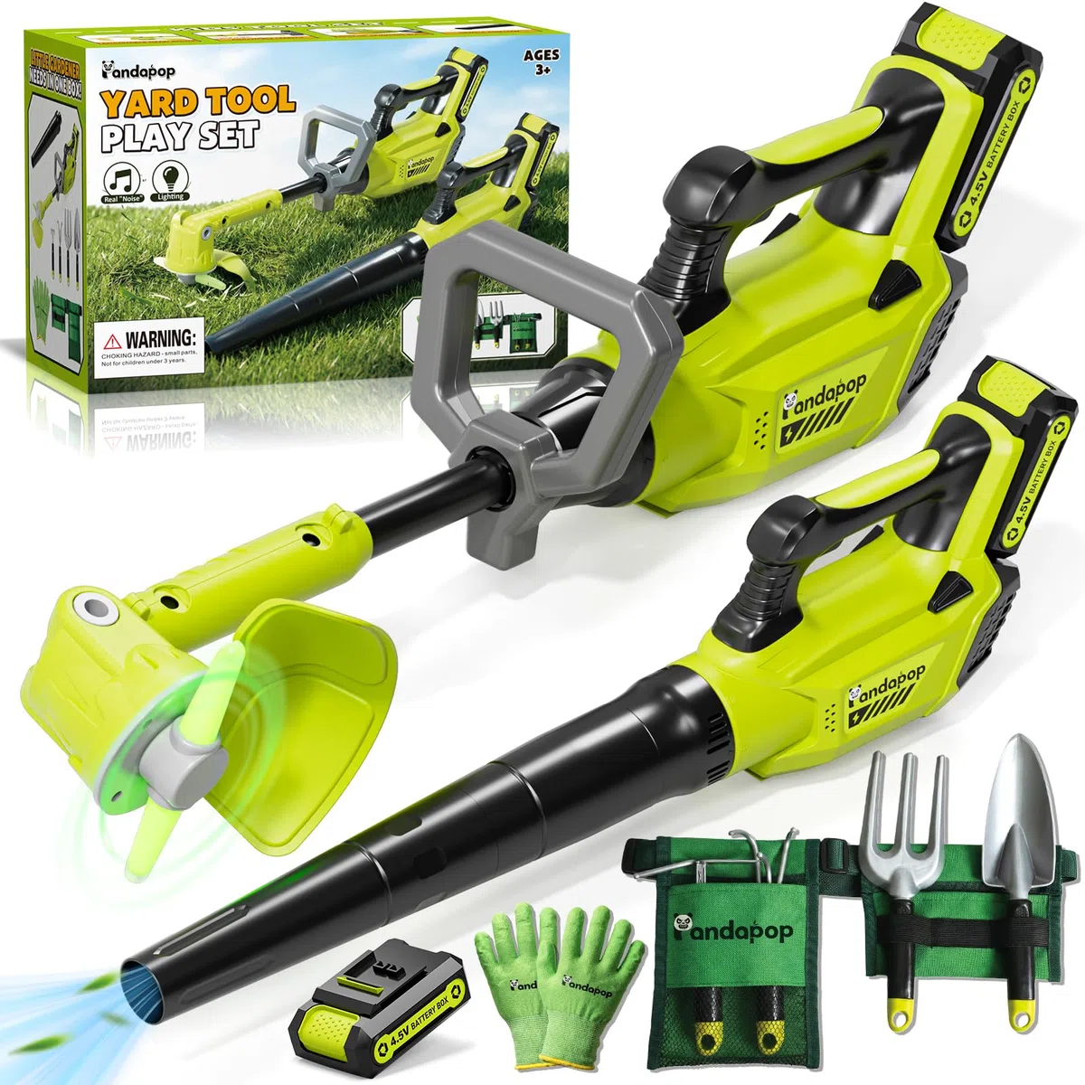 Pandapop 2 in 1 Attrezzi da Lavoro Bambini, Decespugliatore Bambini con Luci, Soffiatore Foglie con Suoni, Kit Giardinaggio Bambini con Cintura E Guanti, Giochi Bimbo 3 Anni