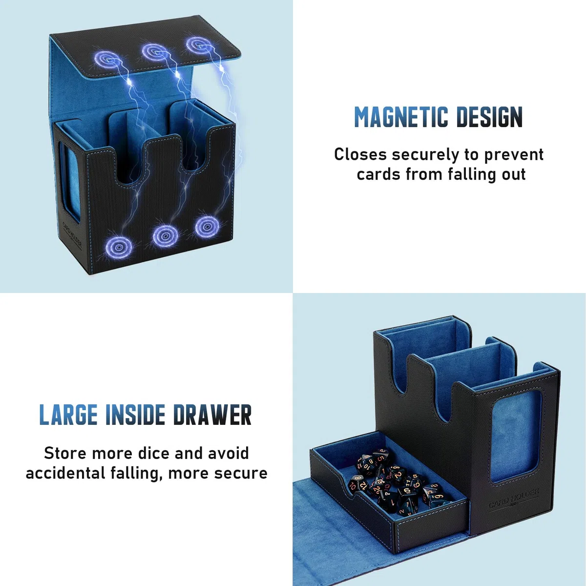 TiMOVO MTG Scatola del Mazzo di Carte Commander con Comandante del Display e Vassoio per Dadi Adatto a 400+ carte non sfoderate, Custodia magnetica in pelle per carte per TCG CCG Magic Cards,Nero+Blu