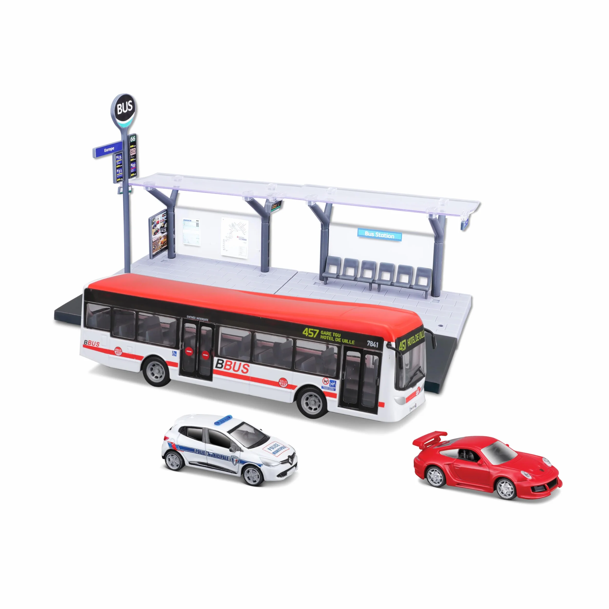 Bburago -1/64 TRASPORTI PUBBLICI - Playset Bus/Tram + Stazione + 2 veicoli - 1/64°, Casuale
