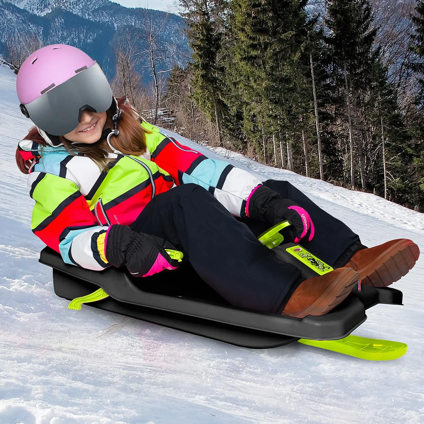 Snow Play Bob - Black Devil, Bob Neve Snowfun Invernale divertente slitta, volante, freno, freno a mano, dai 3 anni in su, comoda seduta per una posizione ottimale di scivolamento, nero