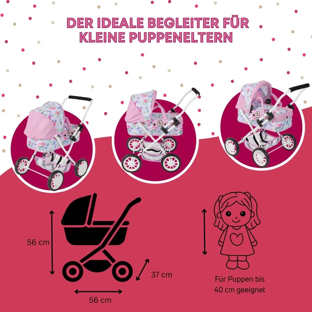 Bayer Chic 2000 - Passeggino per bambole Smarty, piccolo passeggino per bambini dai 2 anni in su, fiori, rosa, 555-53