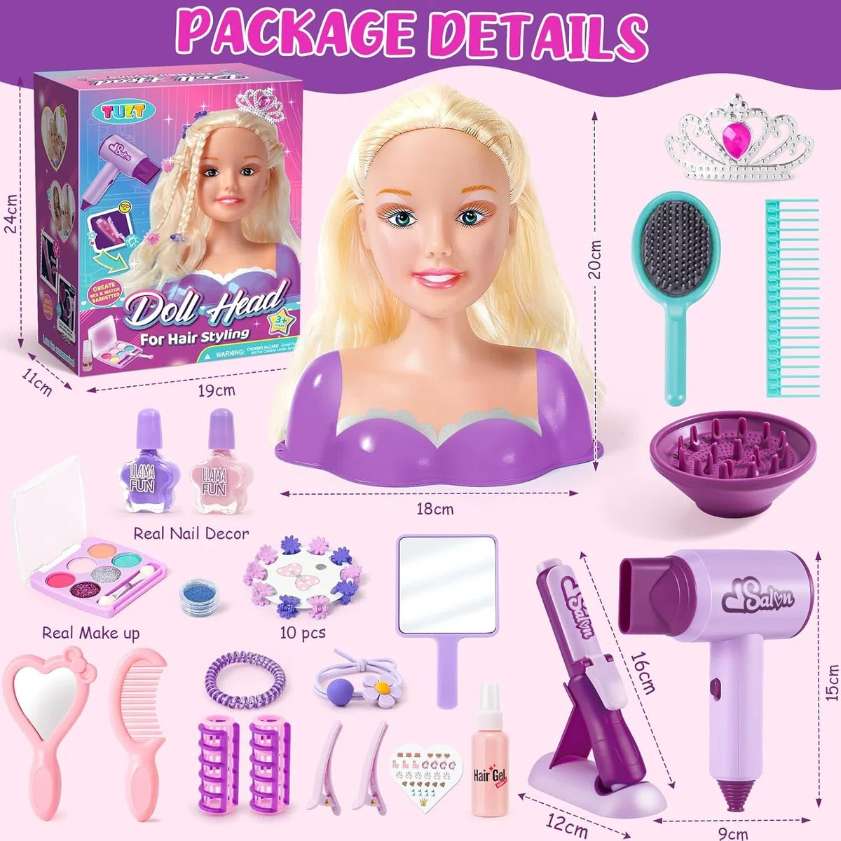 Set Parrucchiere per Bambini Trucco Hair Styling con Giocattolo Asciugacapelli Piastra Testa in Stile Bambola Parrucchiere da Kit Bellezza Trucco Salone Giocattolo Compleanno per Ragazze 3 4 5 6 Anni