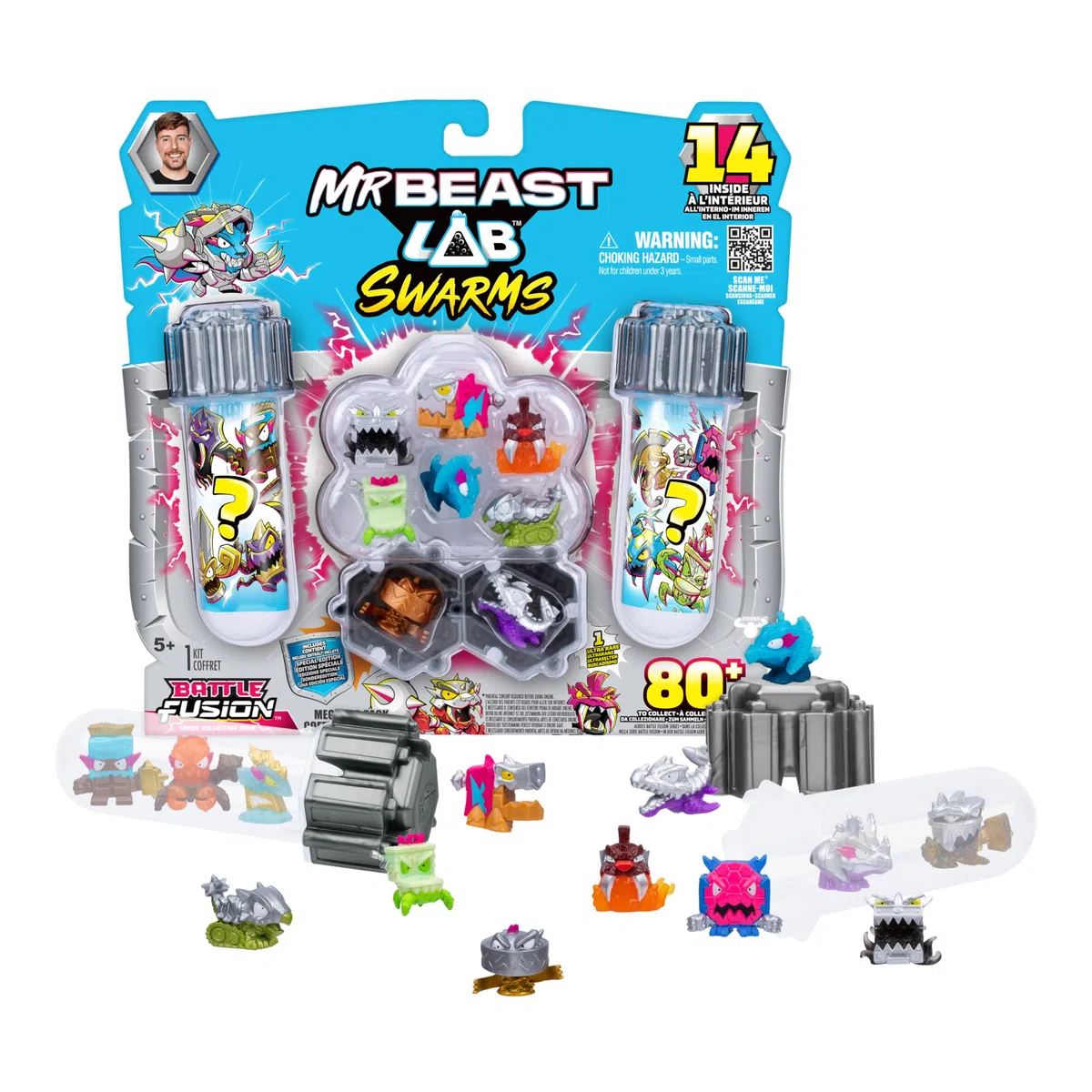 MrBeast Lab Swarms Battle Fusion Series Mega Lab Pack - Include 14 Micro Beasts con lancia serpente ultra rara, 80+ da raccogliere, adesivi e tappi Fusion impilabili per esposizione