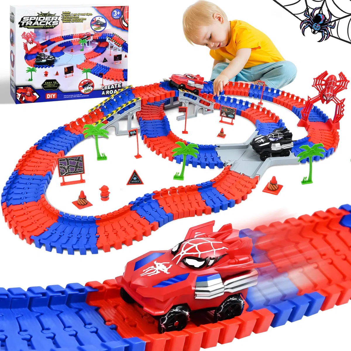 PATEMZON Circuit Voiture Enfant, Spider Railcar, Jouet de Circuit Automobile avec 2 Voitures, 208 PCS de Piste de Course de Voitures, Jouets de Course Circuit pour Enfants de 3 4 5 Ans