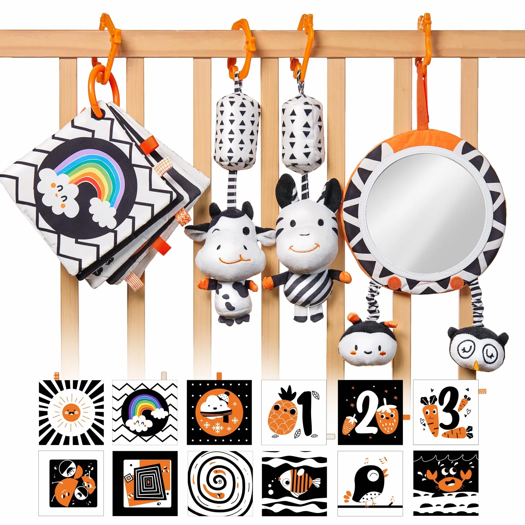 TUMAMA Giochi Sonaglio Per Neonato 0 3 4 6 9 12 Mesi, Libro Sensoriale Bianco e Nero Stoffa, Gioco Montessori Libri Per Neonati Passeggino Accessori, Peluche Giocattoli Per Culla Bambini Regalo (4pcs)