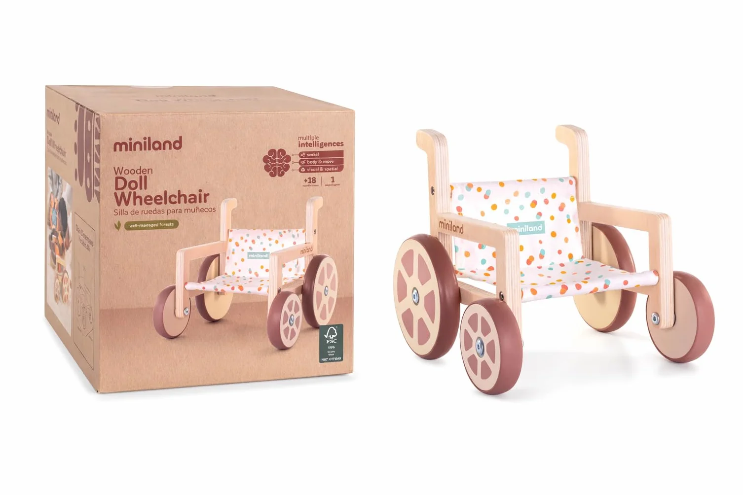 Miniland Sedia a rotelle realizzata con materiali ecologici per bambole fino a 38 cm.