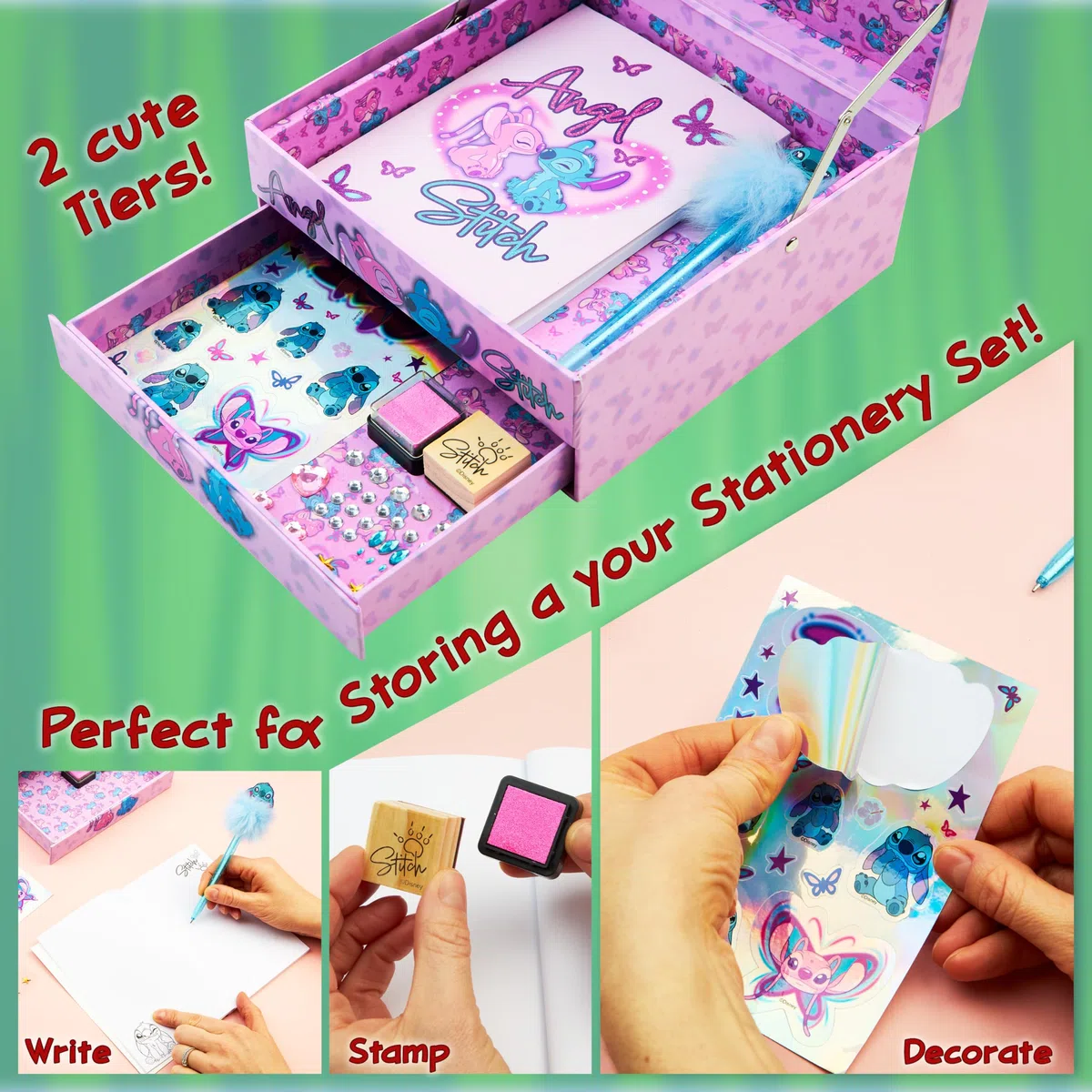 Disney Stitch Quaderno Set Cancelleria Bambina Ragazza Diario DIY Journaling Kit con Timbro Penna Adesivi Gemme Idee Regalo (Rosa Stitch)
