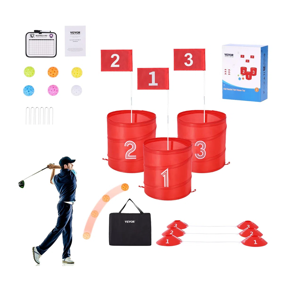 VEVOR Gioco da Golf da Giardino, Campo da Golf a 3 Buche, Giochi di Pratica del Gioco del Golf con Secchio per Famiglie, Adulti e Bambini, Gioco di Golf Portatile per Esterni per Cortile, Campeggio