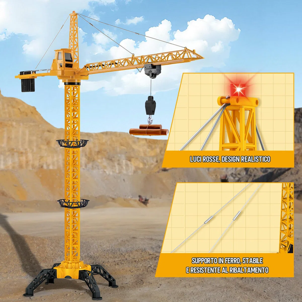 JONRRYIN Gru a Torre Telecomandata Alto 138 cm, 6 Canali 2,4 Hz RC Gru a Torre, Giocattolo da Costruzione Radiocomandata a 680° Rotazione con Luci per Bambini (Giallo)