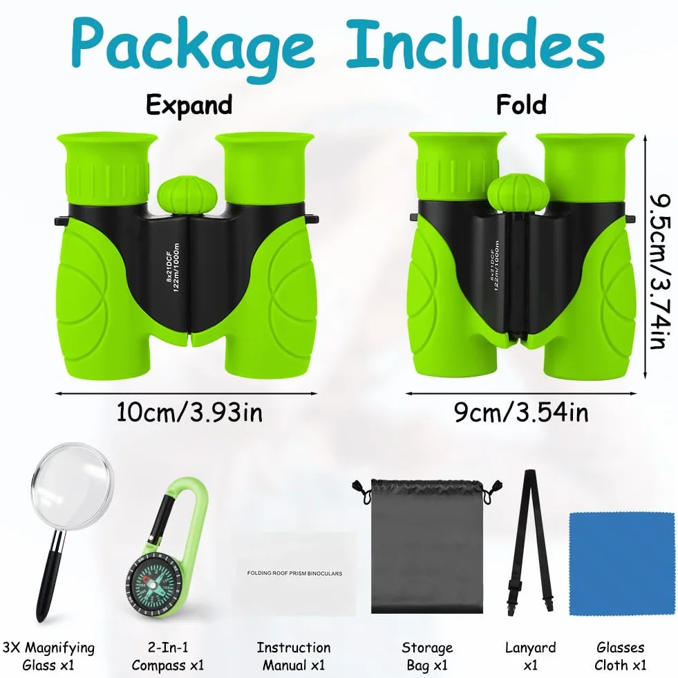 Binocolo per Bambini, Portatile Binocolo Set con Lente di ingrandimento e Bussola Kit Regalo Giocattoli per 3-6 Bambino e Bambina Perfetto per Campeggio e Esplorazione di Birdwatching (Verde)