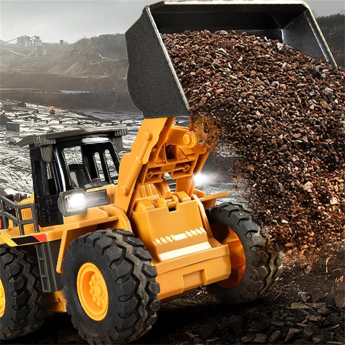 9 Canale 1:16 quattro ruote Bulldozer telecomandato giocattolo,con luci e suono, pala in metallo,telecomando senza fili,Caricatore Frontale con Telecomando,per Regali Per Bambini