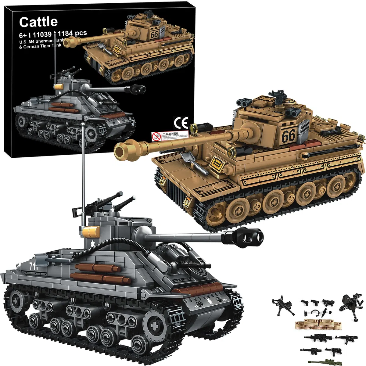 Kit di Costruzione Giocattolo di Carri Armati dell'Esercito WW2 di Cattle, Un Tiger Tedesco e un Modello di Carro Armanto M4 Sherman Americano 1184 Blocchi Giocattolo Militare Regalo per Ragazzi