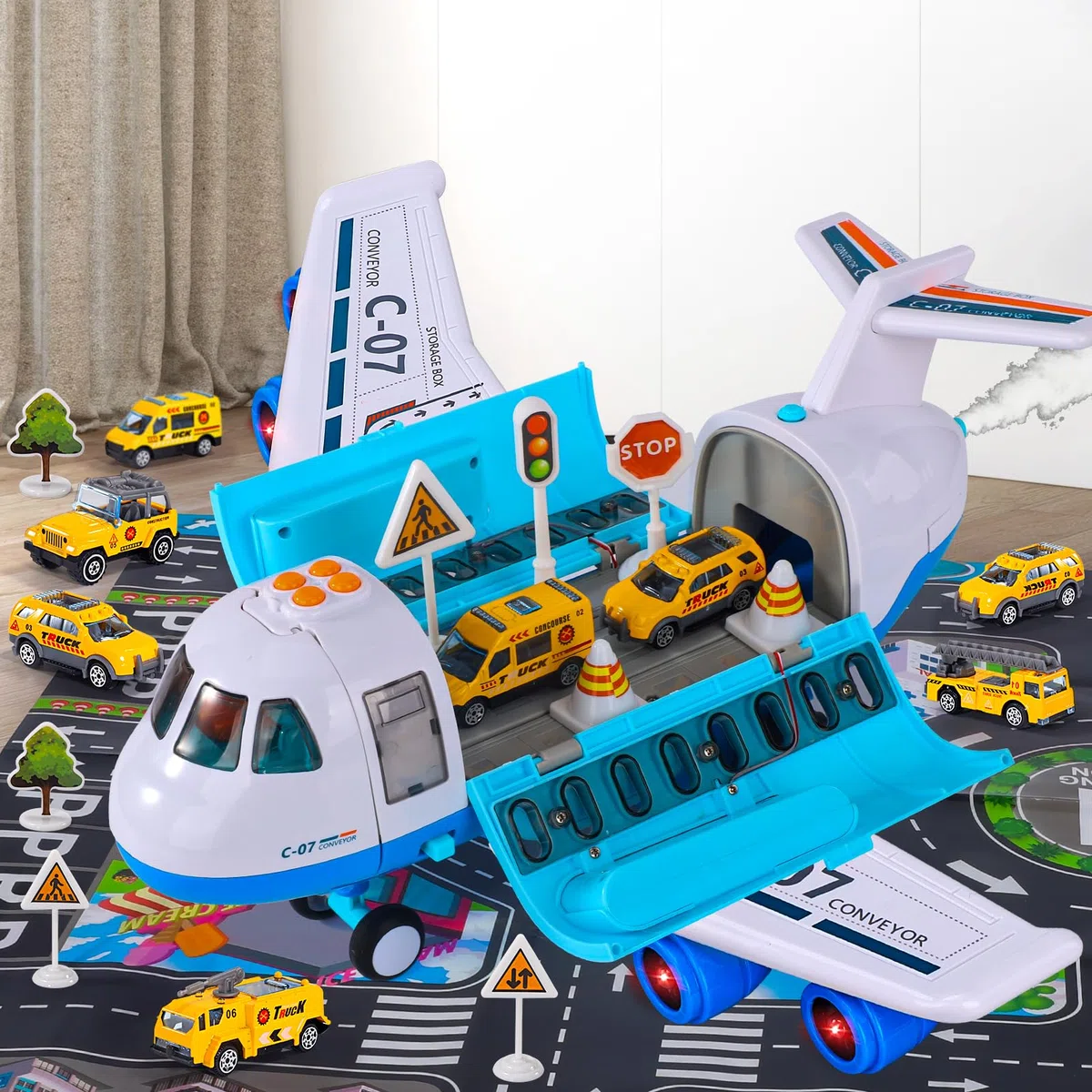 Ci Vetch Giocattolo aereo con fumo, luce e suono, 16 pollici grande trasporto aereo merci- 6 camion da costruzione, alimentato da Fricton, regalo giocattolo per ragazzi per 2 3 4 5 6 anni
