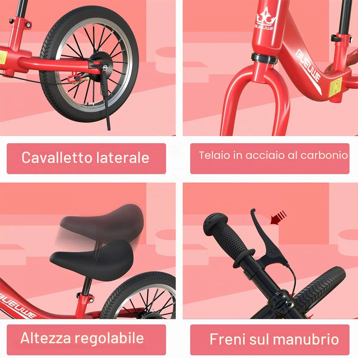 Bici Senza Pedali per Bambini da 2 3 4 5 6 Anni, Ruote in Gomma da 14 Pollici, Freno e Cavalletto, Massimo 40 Kg, Manubrio e Sella Regolabili, Regali di Compleanno per Bambina e Bambino