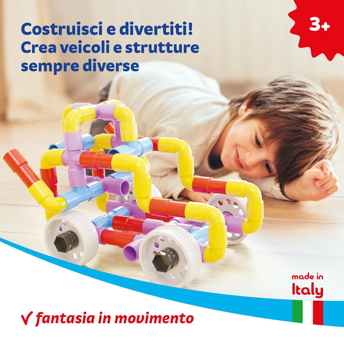 Quercetti Tubation Wheels 68 Pezzi, Giochi Bambini 3 Anni, Costruzioni per Bambini 3 Anni con Tubi Colorati e Ruote, Giochi Educativi e Giochi Creativi, Giochi per Bambini, Made in Italy