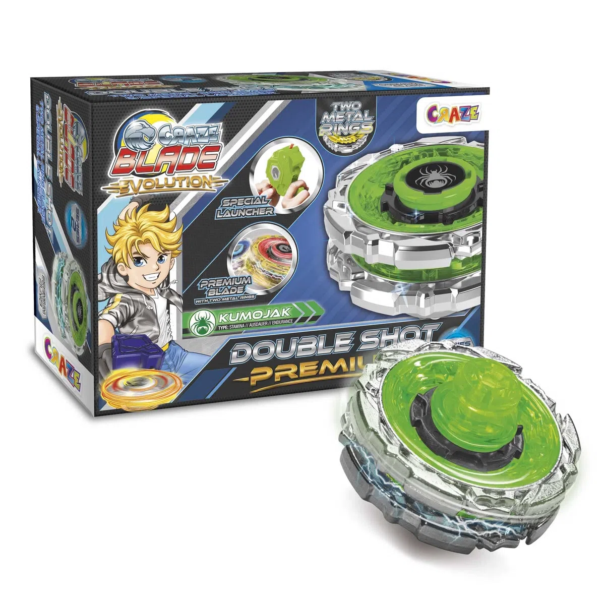 CRAZE BLADE Evolution Double Shot Premium, Trottola bambini, Trottola con lanciatore speciale, Spinner da combattimento con due Anelli di metallo