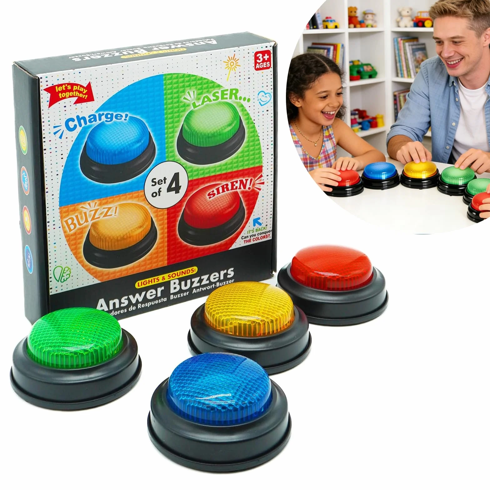 Set di 4 Buzzer – Pulsanti Risposta Luminosi & Sonori per Giochi Quiz, Famiglia e Aula