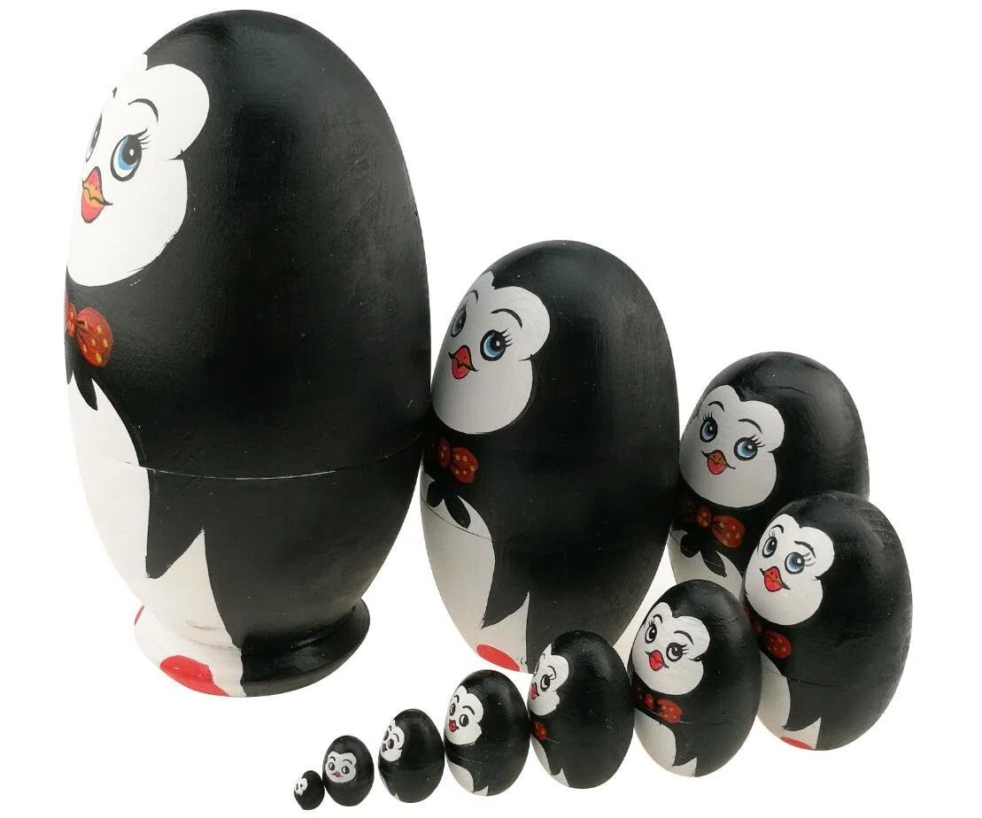 Winterworm Set di 10 bambole matrioska a forma di pinguino a forma di uovo in legno, fatte a mano, giocattolo per bambini, idea regalo