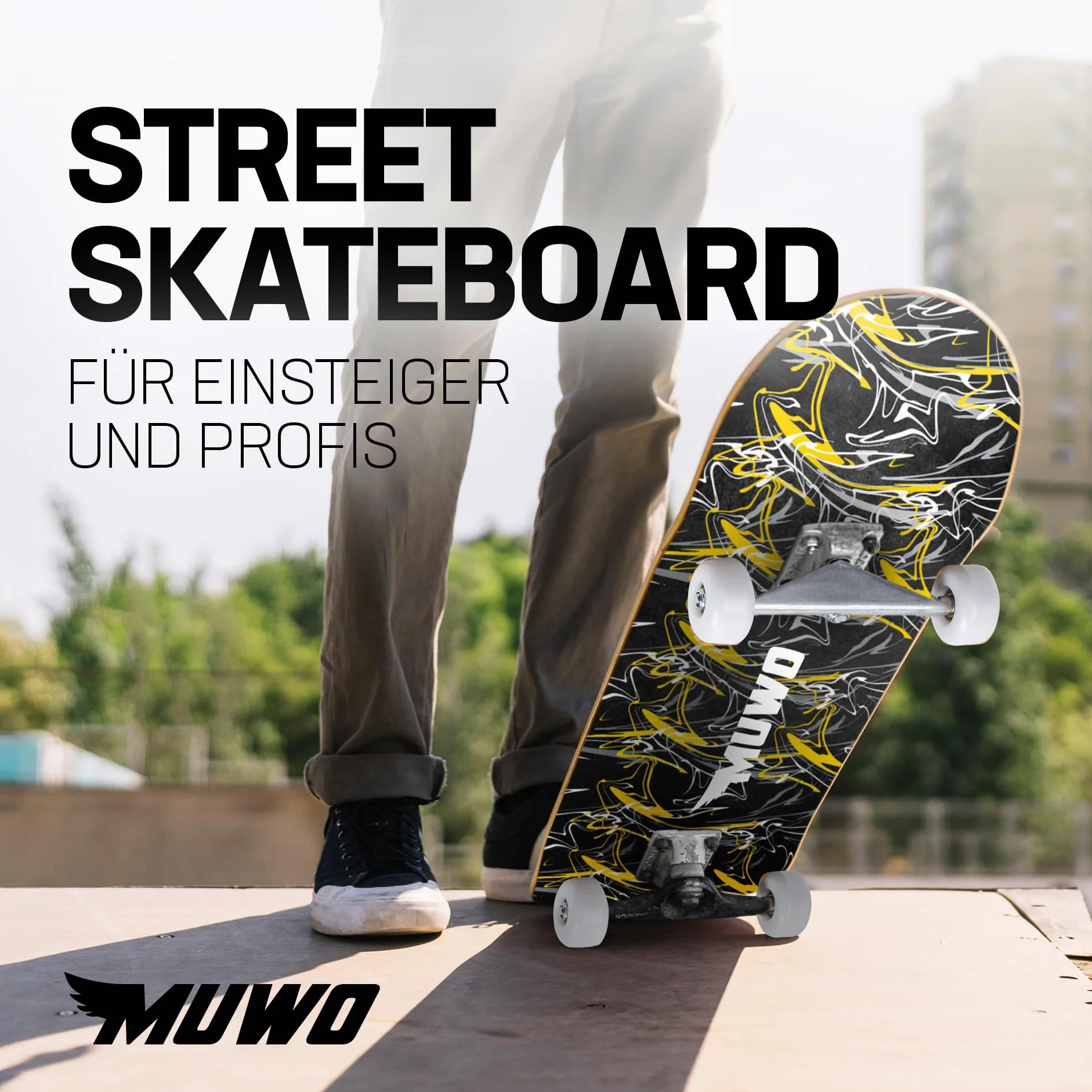 MUWO Street Skateboard 31 x 8 pollici – Tavola completa per principianti in robusto legno e alluminio, adatta per bambini, adolescenti e adulti con diversi motivi (Boundless Borders)