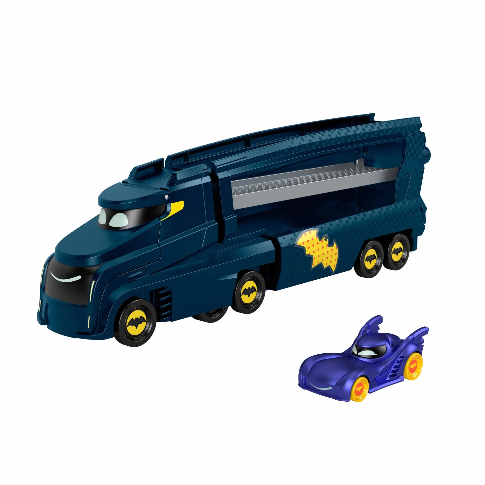 Fisher-Price DC Batwheels - Bat-Autotreno, playset Autotreno con rampa e veicolo Bam Batmobile in scala 1:55 incluso, può contenere 7 macchinine die-cast, giocattolo per bambini, 3+ anni, HMX07