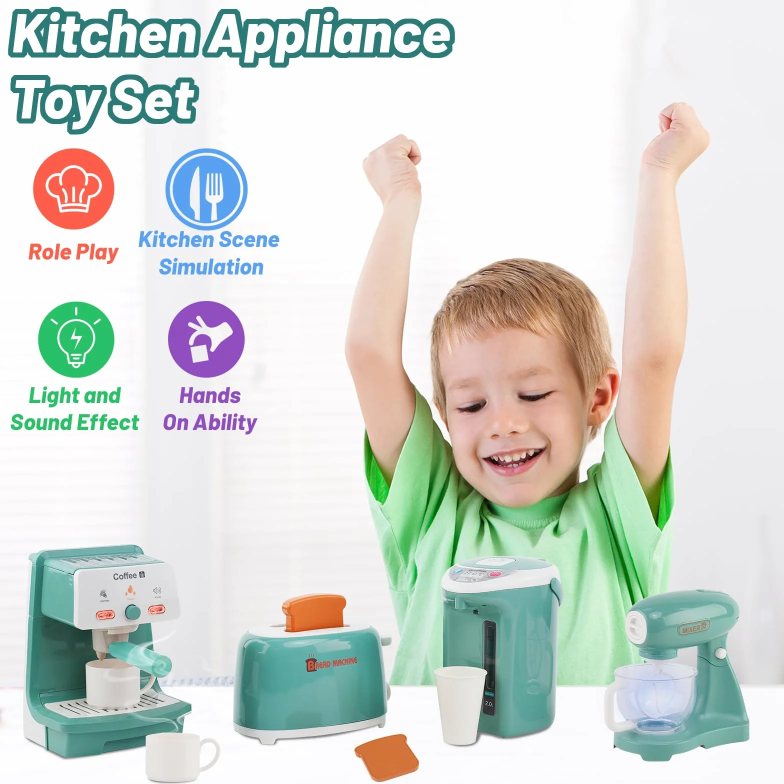 Set Elettrodomestici Cucina Bambini Con Rumori Colazione Tostapane Caffettiera Giocattoli Sbattitore Educativo Caffè Espresso Mini Gioco Accessori Playtive Panettiera Gelateria Finto Cibo 3+ Anni