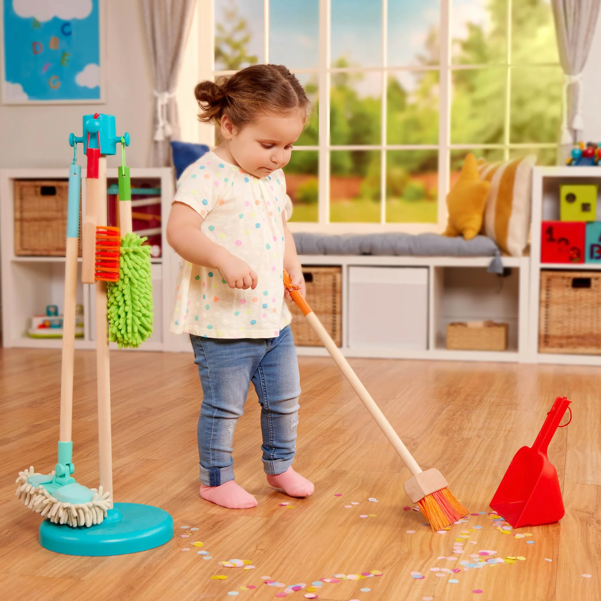Battat - Set di pulizia Sweep n' Clean per bambini - Giocattoli di pulizia con scopa, mocio, spazzola, paletta e spolverino - Kit da gioco educativo per bambini, 2 anni +