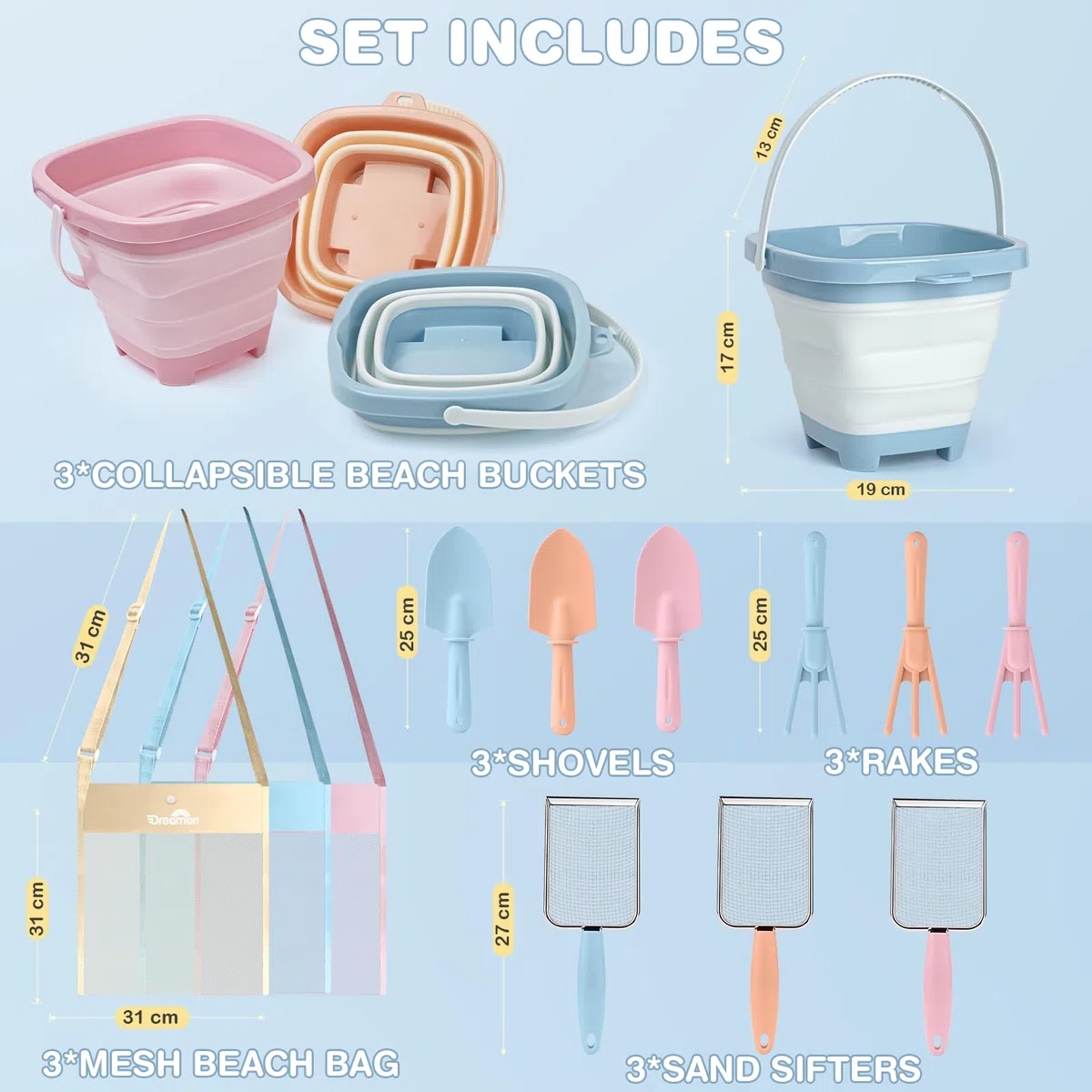 Dreamon Giochi Spiaggia Bambini Set 3 4 5 Anni con Secchiello Spiaggia Bambini Pieghevole Sacco a Rete Setaccio per La Sabbia Pala e Rastrello Giocattoli Regalo Esterno per Bambini e Bambine