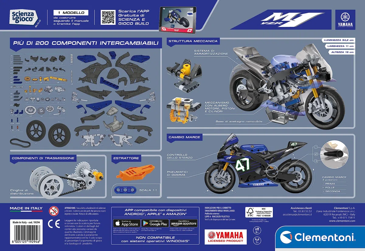 Clementoni - 19294 - Scienza E Gioco Build - Yamaha M1, Modellino Moto in Miniatura, Set Laboratorio Meccanica, Moto da Costruire per Bambini dagli 8 Anni (Gioco in Italiano), Made in Italy