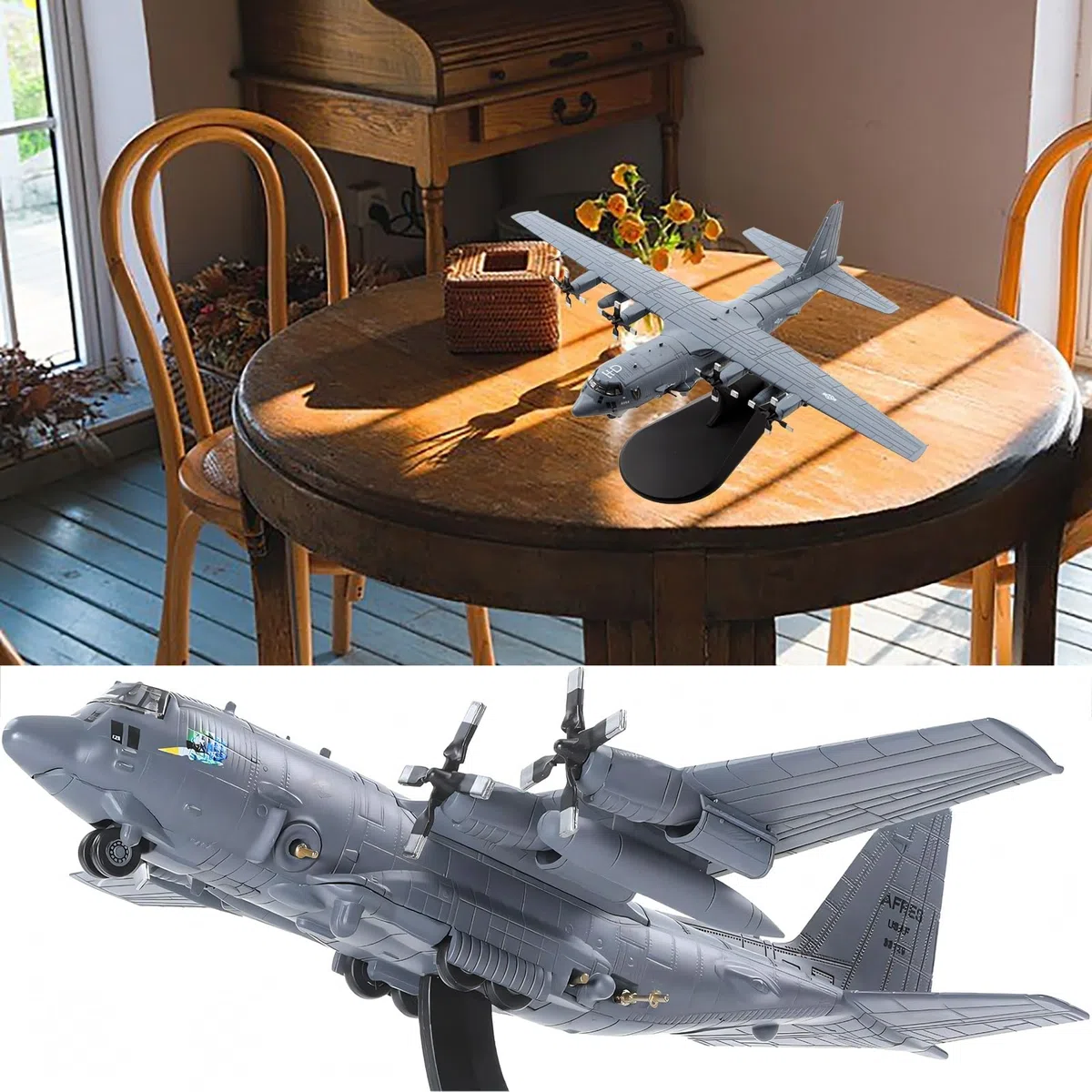 Modello aereo combattimento militare AC130 in scala 1:200, pressofuso, con eliche rotanti metallo, espositore for aereo, regalo collezione for adulti, decorazione for ufficio