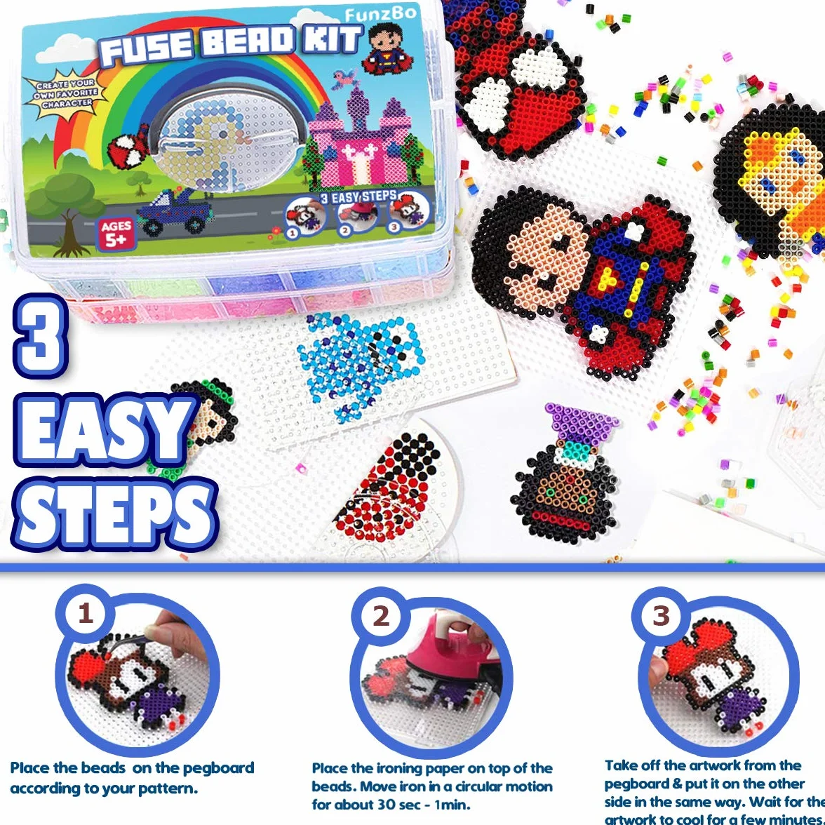 FunzBo Set di Perline da Stirare 23000 Pezzi con 106 Schemi - Perline Piatte 5mm per Bambini da 6 Anni, Adulti e Appassionati di Fai da Te, Ideale per Creatività, Relax Meditativo e Tempo in Famiglia
